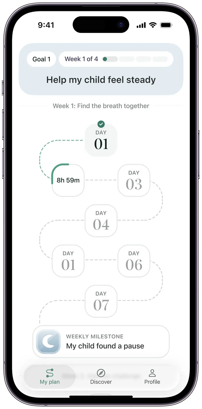 The Leaply app showing a four-week plan for a child, with the first day completed
