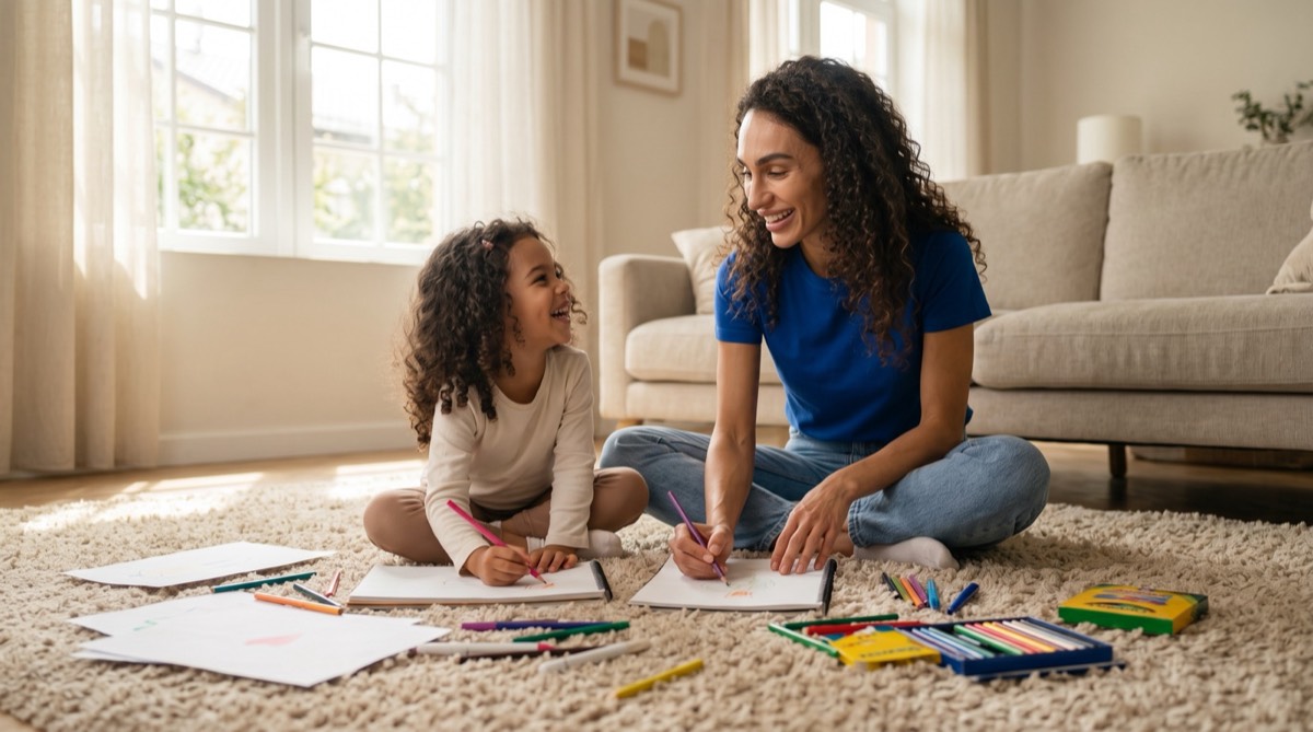 A parent and child drawing together on the living-room floor.